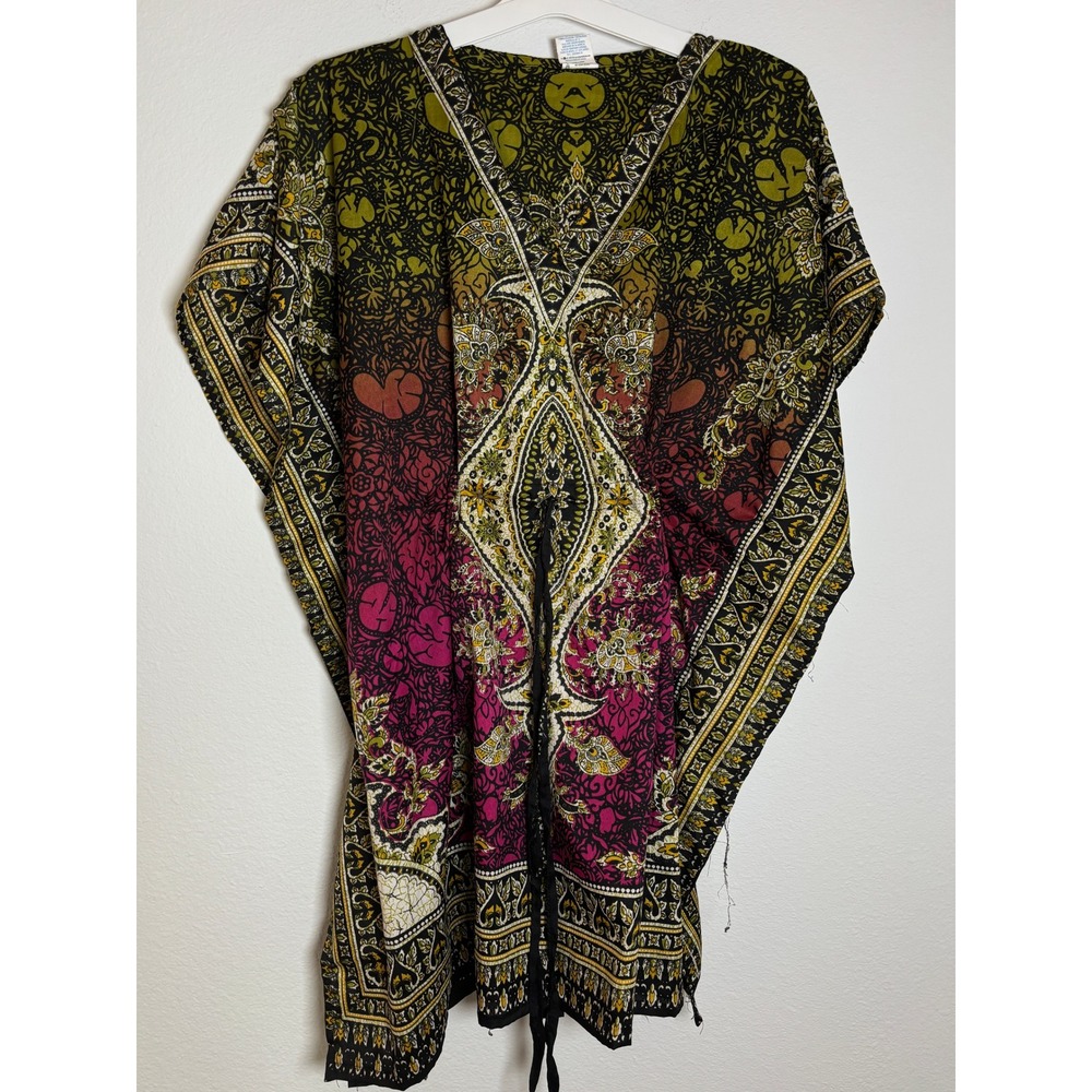 A Collection Kaftan Tunic Boho Paisley Ombre Green Pink One Size Beach Coverup